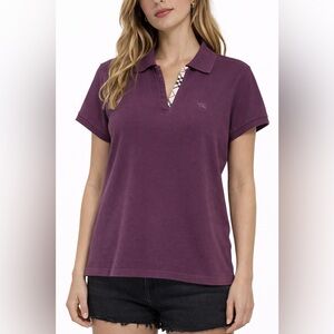 Burberry Britt Size XL Purple Tan Plaid Womens V-neck Polo Shirt Cotton
